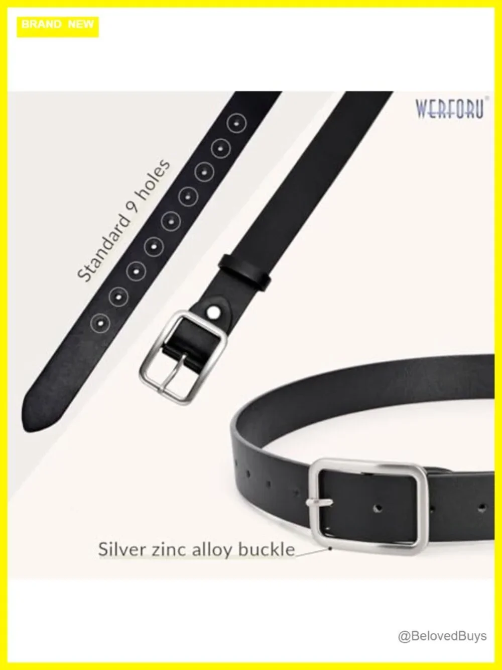 Classic Faux Leather Belt with Square Silver Buckle - Adjustable 9 Holes -
